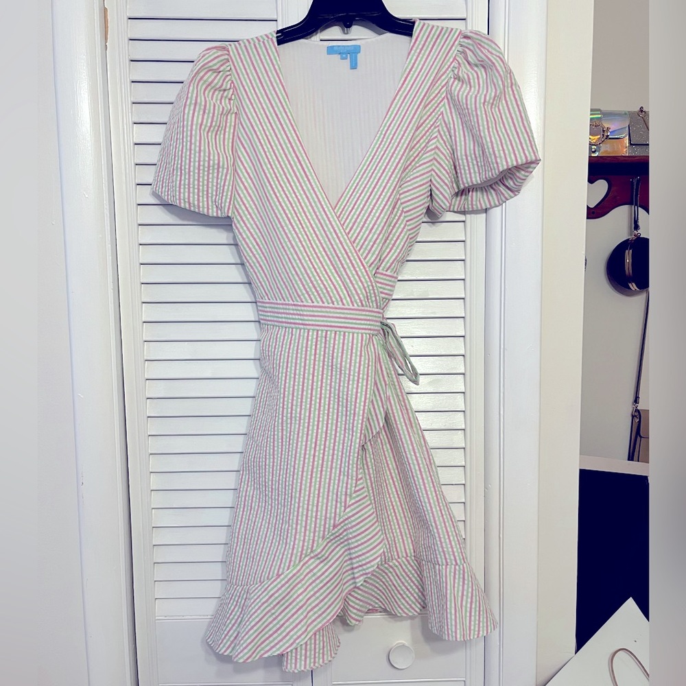 Girly dress with light pink & green pinstripes. Worn once for Sunday brunch.
